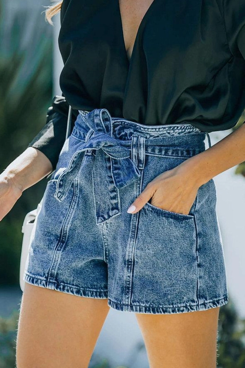 KittenAlarm - Solid Pocket With Belt High Waist Denim Shorts