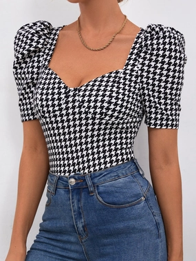 KittenAlarm - Sweetheart Neck Puff Sleeve Houndstooth Fitted Tee