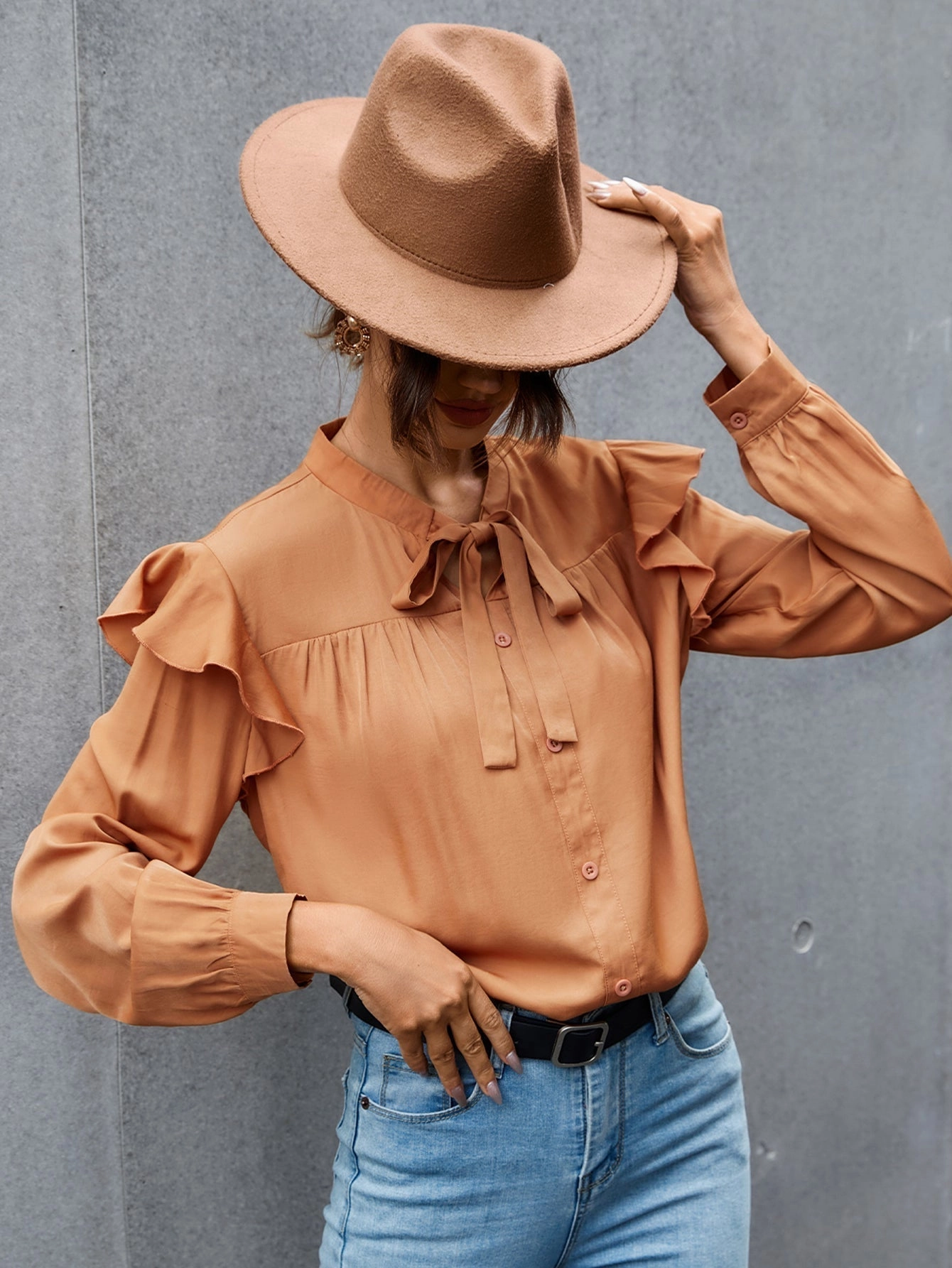 KittenAlarm - Tie Neck Ruffle Hem Blouse
