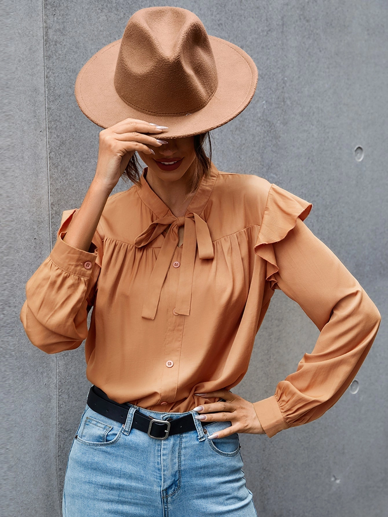KittenAlarm - Tie Neck Ruffle Hem Blouse