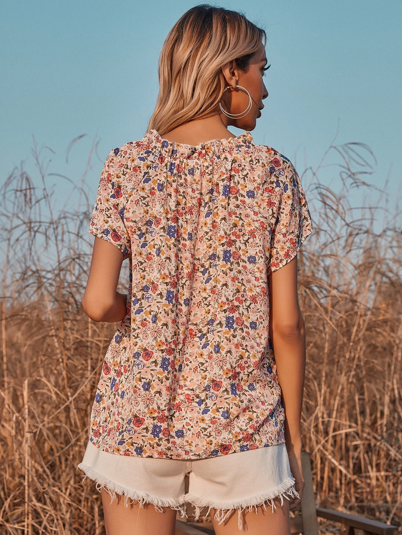 KittenAlarm - V-neck Floral Short-sleeved Chiffon Shirt Blouse