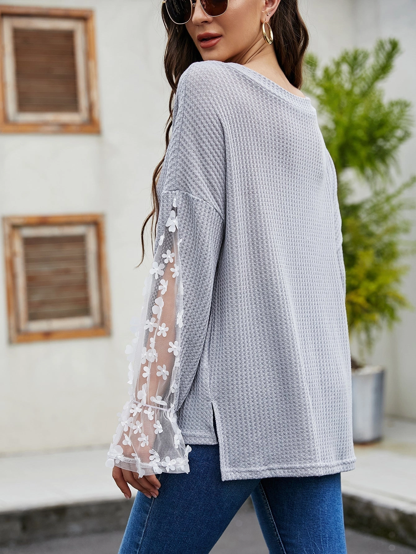 KittenAlarm - V-neck loose pullover gray sexy long-sleeved lace casual top