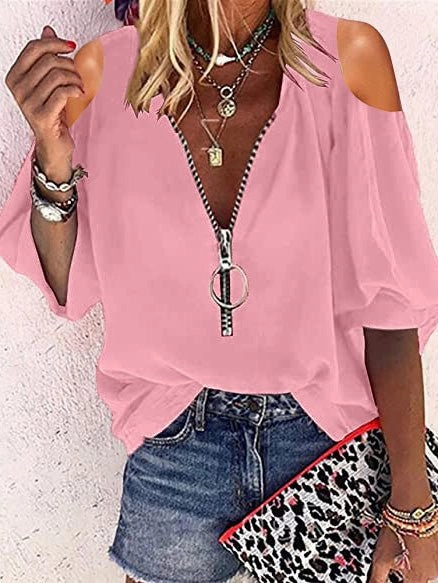 KittenAlarm - V-Neck Zip Off-Shoulder Long Sleeve Blouse