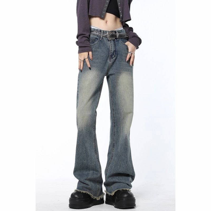 KittenAlarm - Vintage Blue High Waist Women Jeans Stars American Fashion Streetwear Wide Leg Jean Female Trouser Straight Baggy Denim Pants