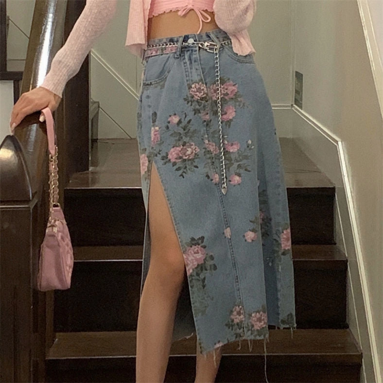 KittenAlarm - Vintage Flowers Sexy Open Long Denim Skirts