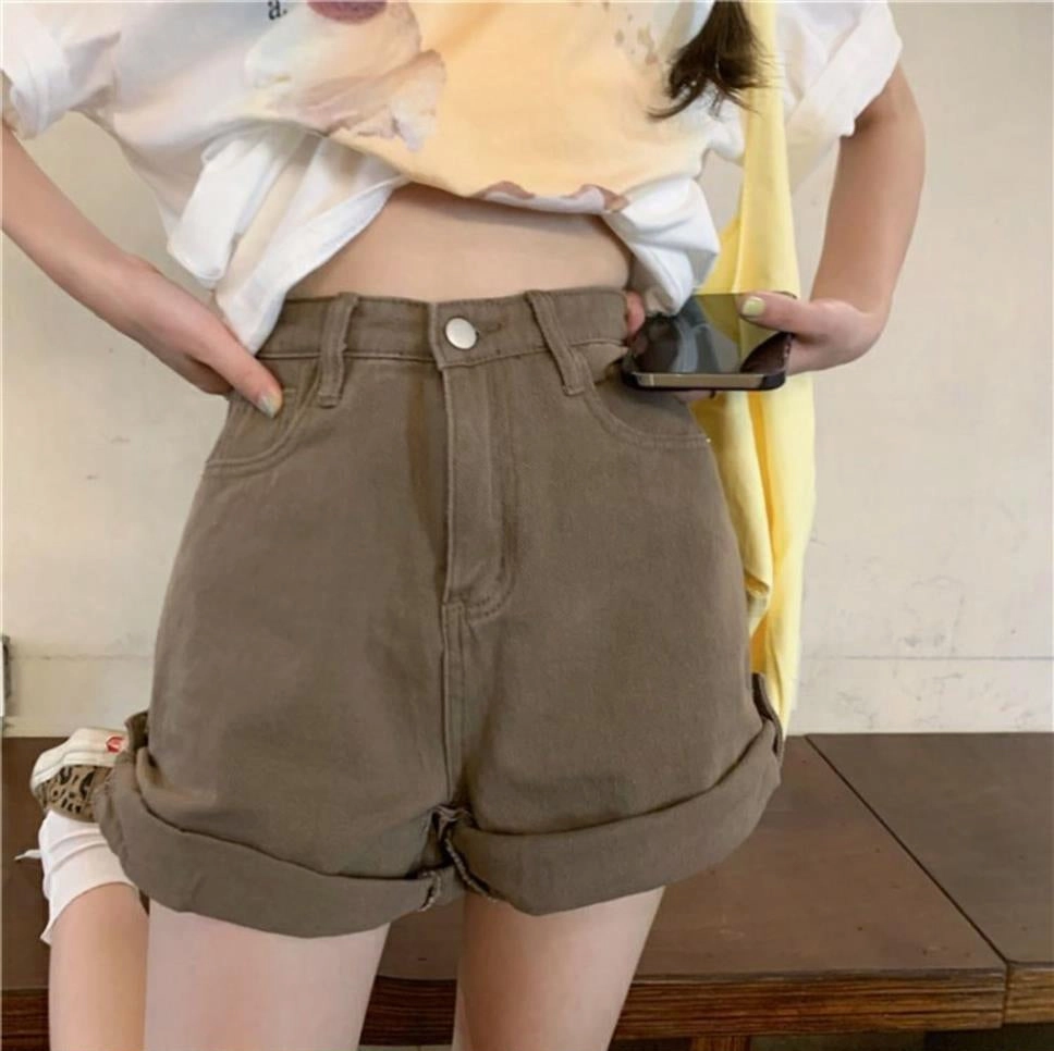 KittenAlarm - Vintage Solid Crimping Brown Shorts Jeans