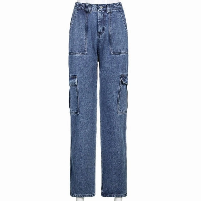KittenAlarm - Weekeep Pockets Patchwork Baggy Jeans Fashion Streetwear 100% Cotton Women Denim Trouser Loose Cargo Pants Korean Jeans Harajuku