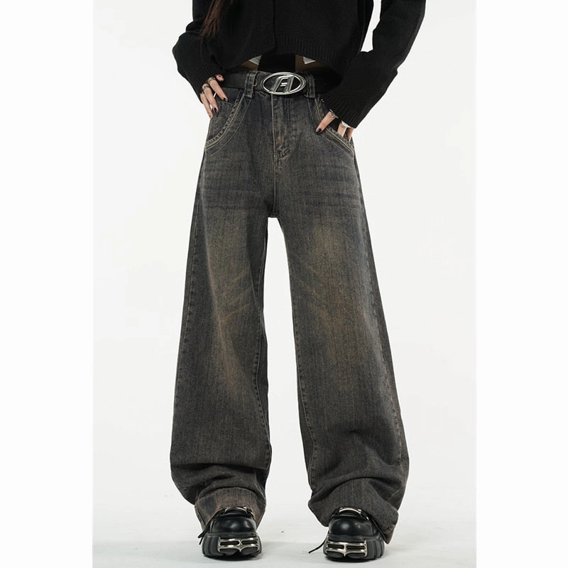 KittenAlarm - Winter Vintage Dark Blue High Waist Women Jeans American Fashion Streetwear Wide Leg Denim Trouser Straight Baggy Denim Pants