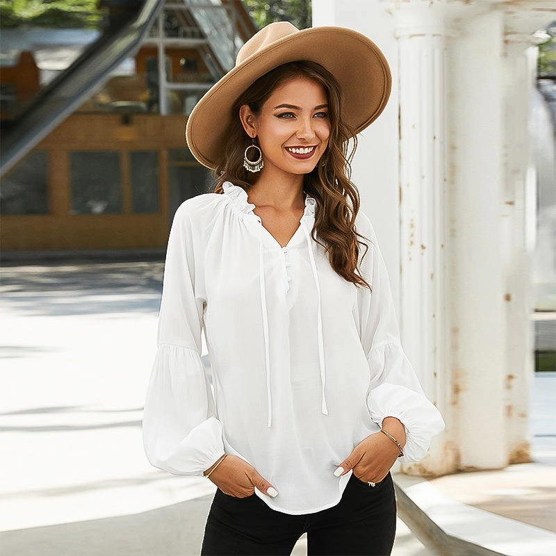 KittenAlarm - Women drawstring neck lantern Long Sleeve Chiffon Shirt Solid Color Tops Plus Size Blouse