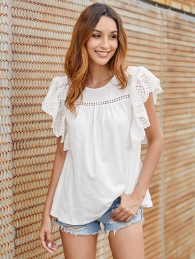 KittenAlarm - Women  Lace Patchwork Short Sleeve T-shirts Casual Cotton Women Tops  Blouse