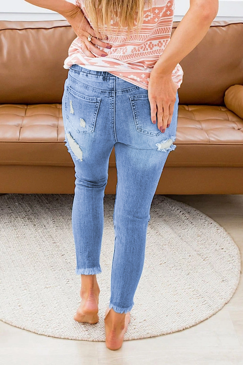 KittenAlarm - Women's Casual Washed Ripped Jeans Skinny Leg Elastic Waist Drawstring Denim Pants