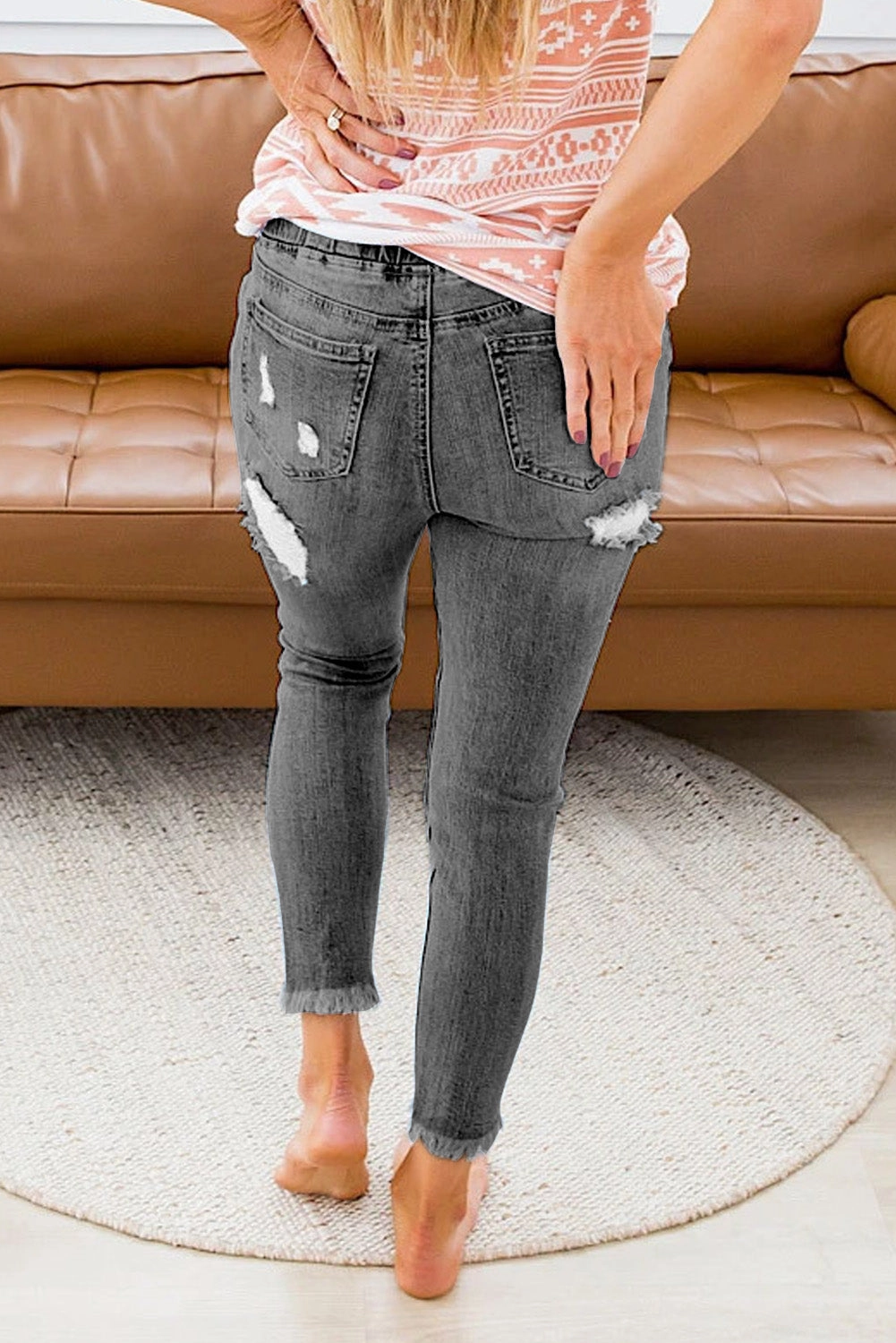 KittenAlarm - Women's Casual Washed Ripped Jeans Skinny Leg Elastic Waist Drawstring Denim Pants
