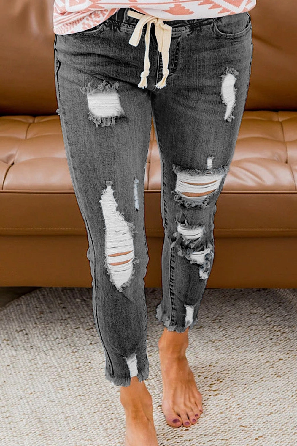 KittenAlarm - Women's Casual Washed Ripped Jeans Skinny Leg Elastic Waist Drawstring Denim Pants