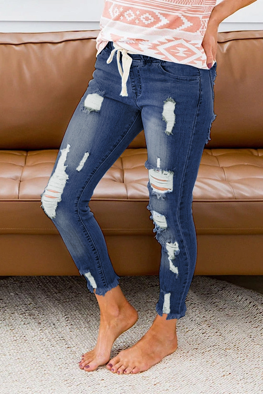 KittenAlarm - Women's Casual Washed Ripped Jeans Skinny Leg Elastic Waist Drawstring Denim Pants