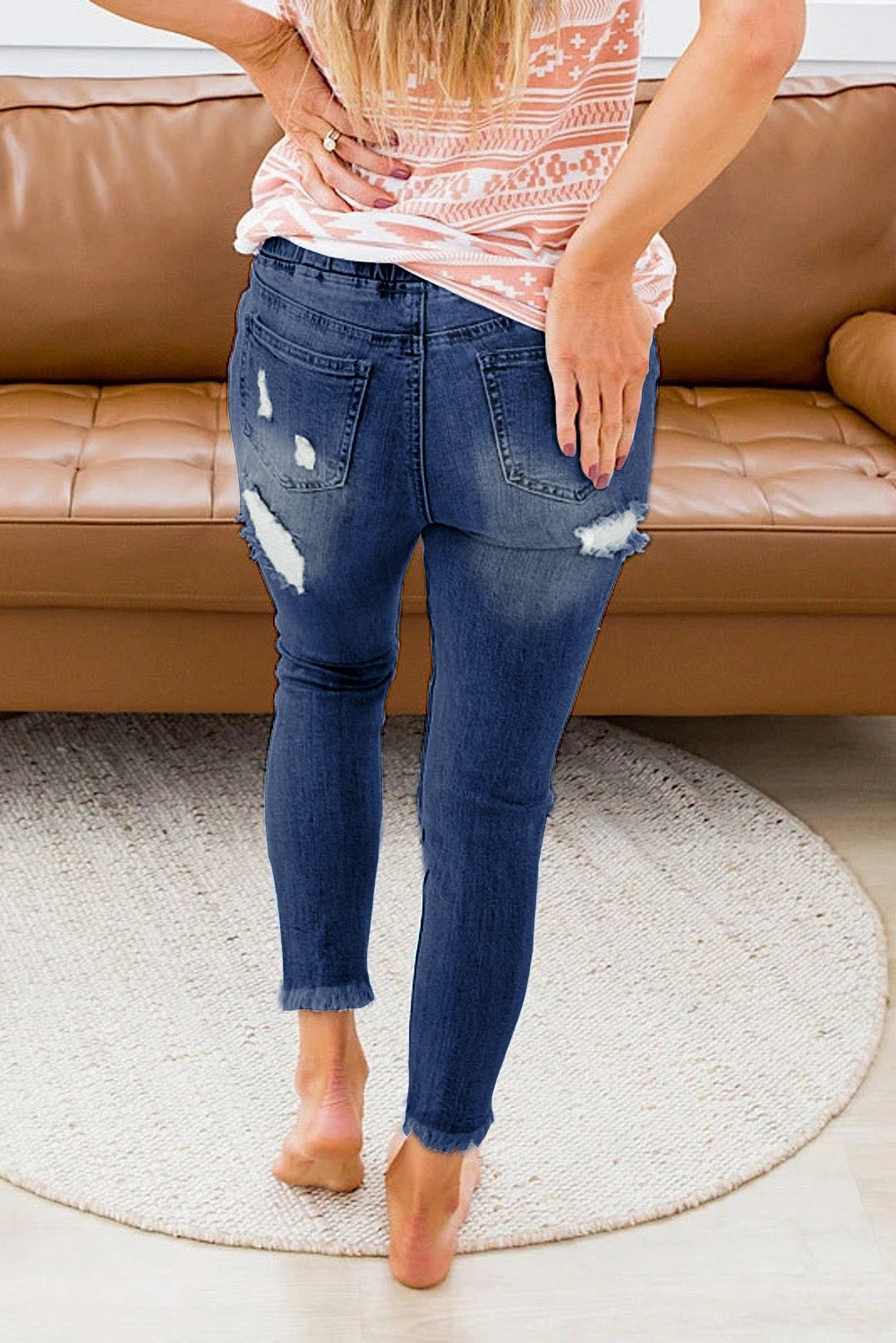 KittenAlarm - Women's Casual Washed Ripped Jeans Skinny Leg Elastic Waist Drawstring Denim Pants