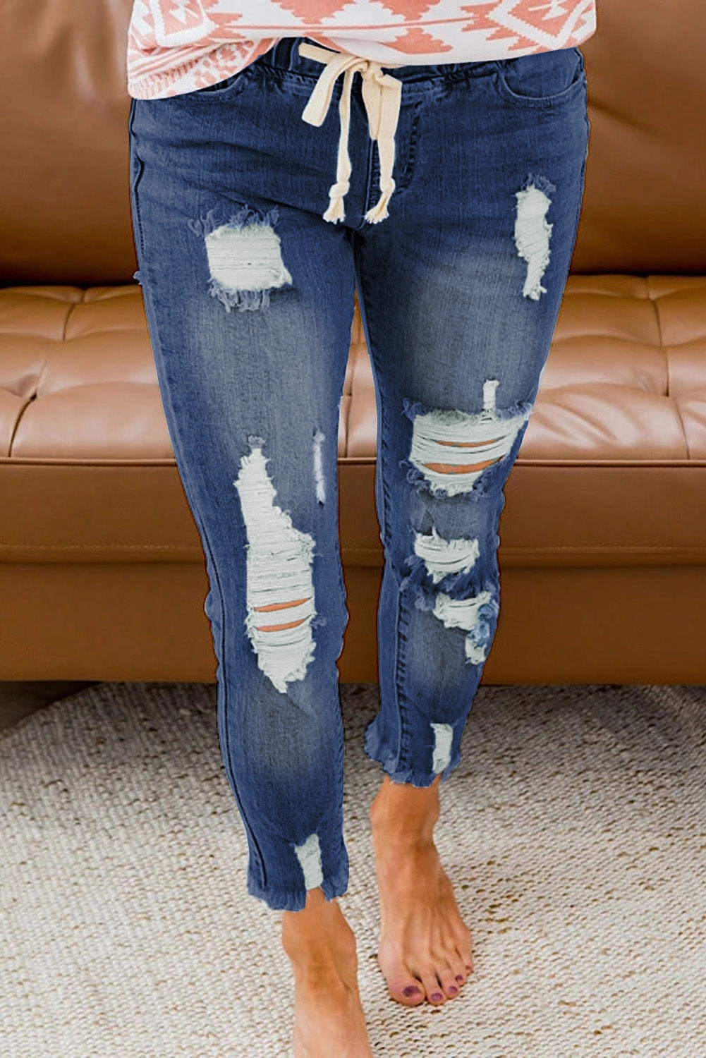 KittenAlarm - Women's Casual Washed Ripped Jeans Skinny Leg Elastic Waist Drawstring Denim Pants