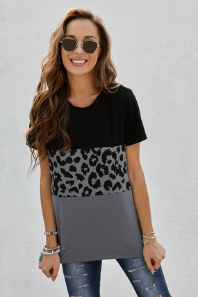 KittenAlarm - Women's Color Block Short Sleeve T-Shirt Leopard Print Crew Neck Tops Side Split Casual Blouse