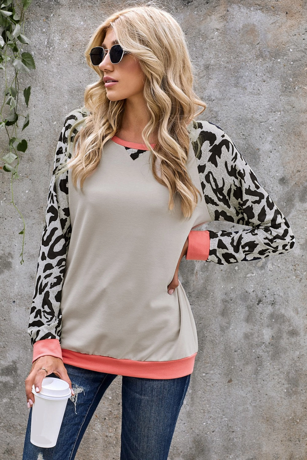 KittenAlarm - Women's Fashion Leopard Color Block Pullover Long Sleeve Crewneck Sweatshirt