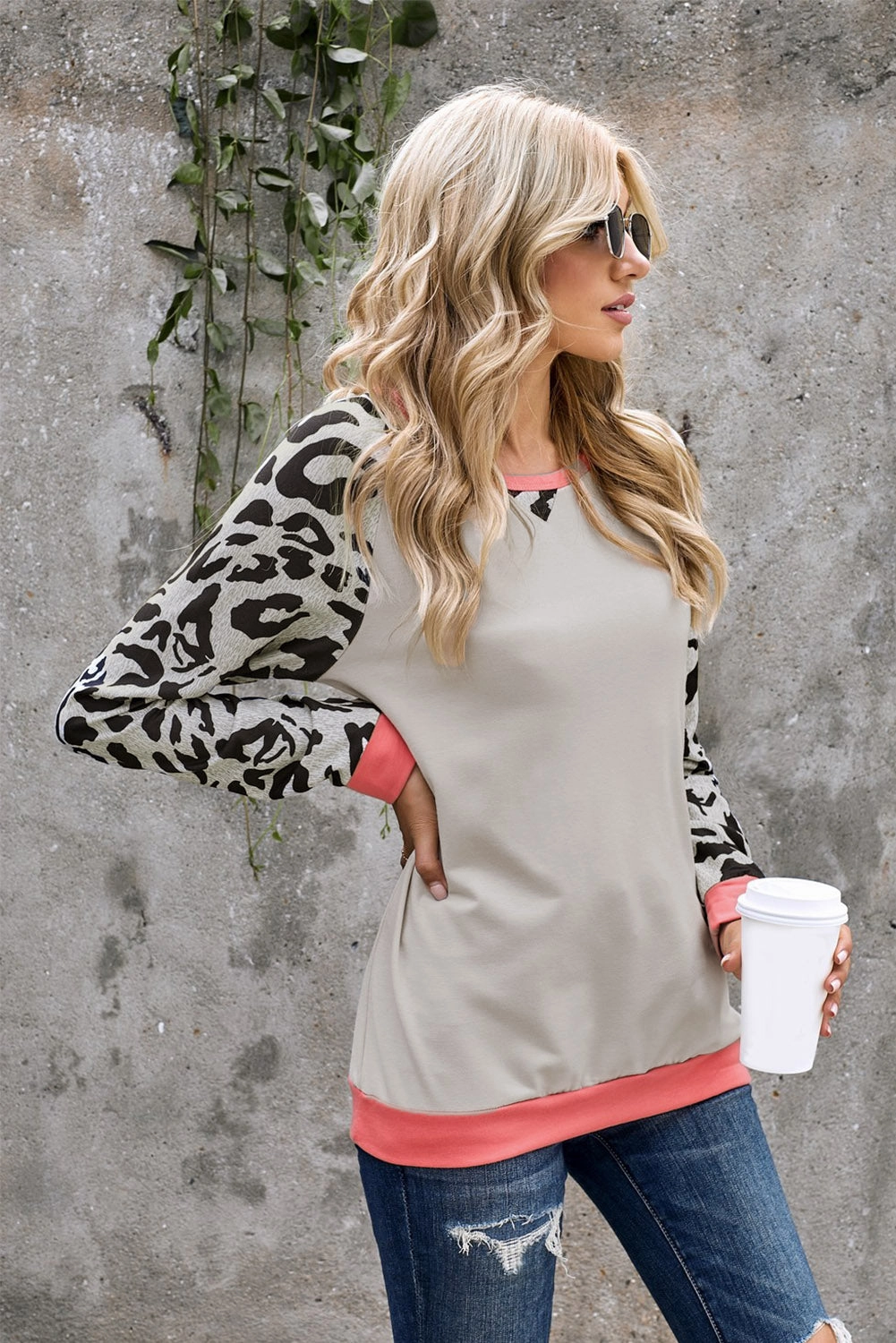 KittenAlarm - Women's Fashion Leopard Color Block Pullover Long Sleeve Crewneck Sweatshirt