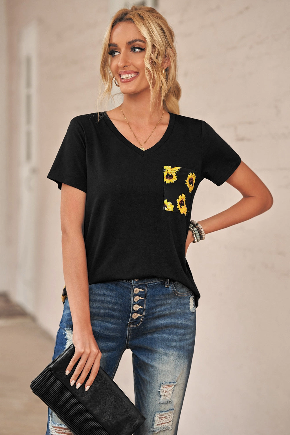 KittenAlarm - Women's Leopard Printed Splicing Short Sleeve T-Shirt Pocket Blouse