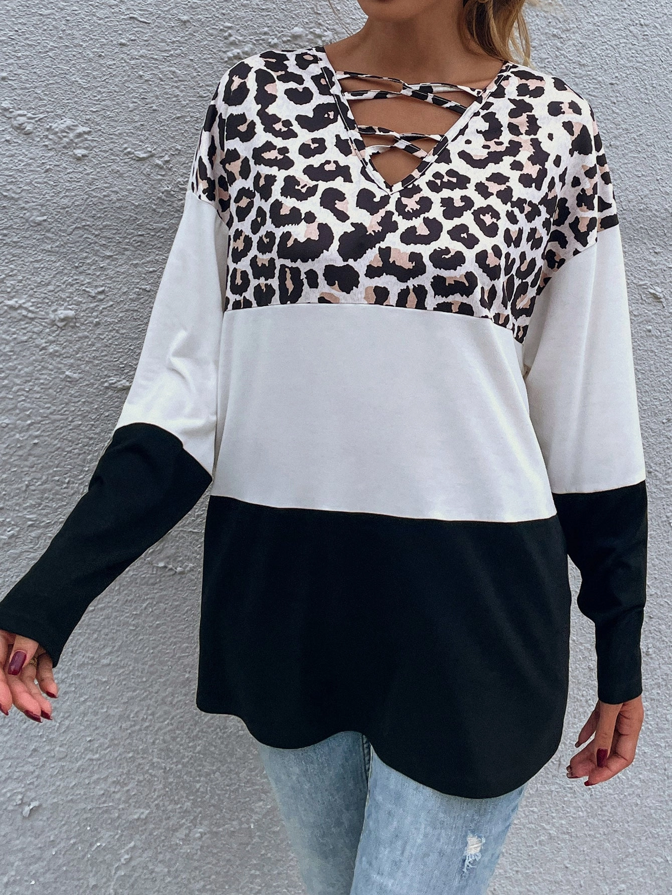 KittenAlarm - Women's milk silk leopard print black and white stitching V-neck loose long-sleeved t-shirt