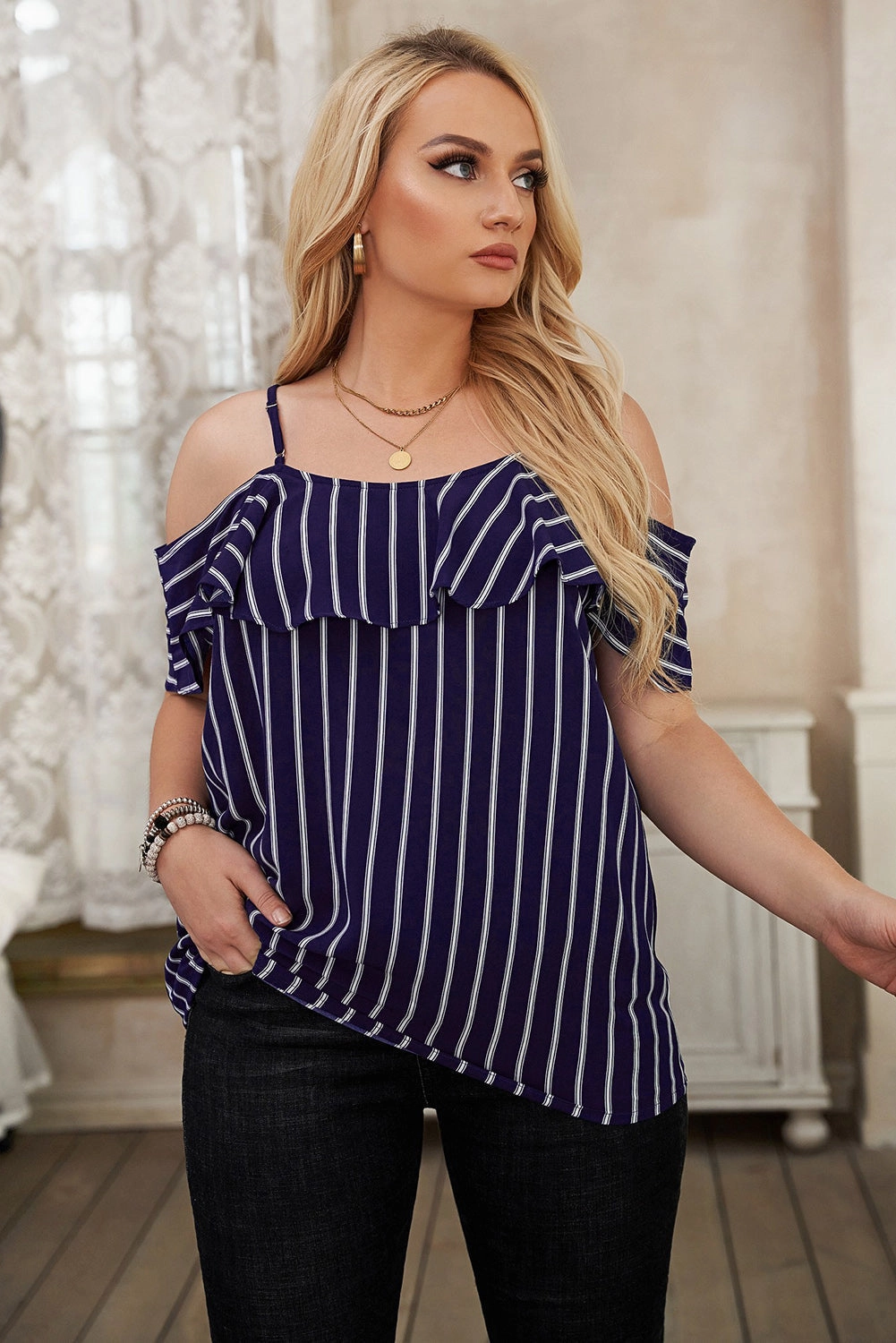 KittenAlarm - Women's Plus Size Casual Blouse Summer V Neck Stripe Sling Strapless T-Shirt Top
