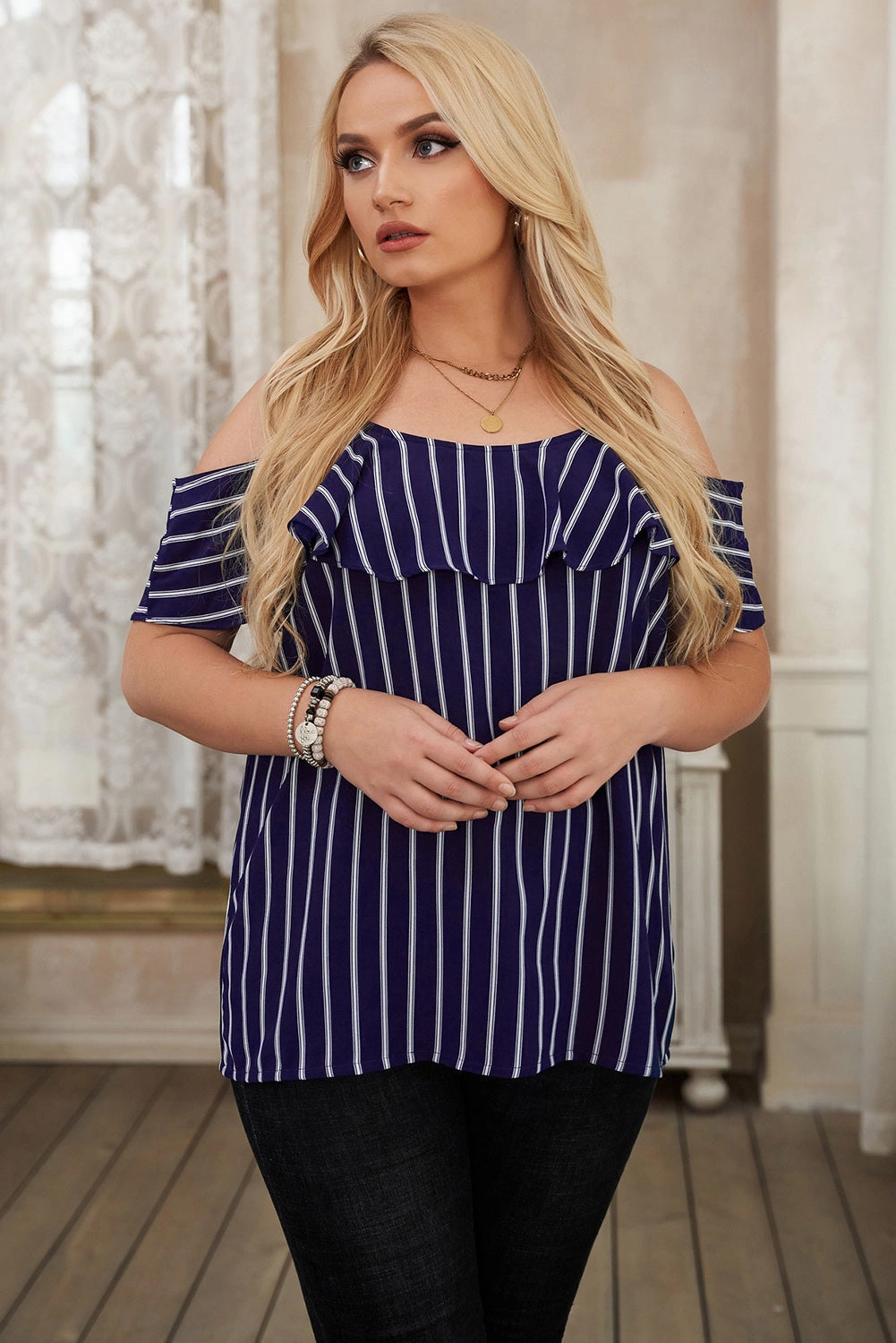 KittenAlarm - Women's Plus Size Casual Blouse Summer V Neck Stripe Sling Strapless T-Shirt Top