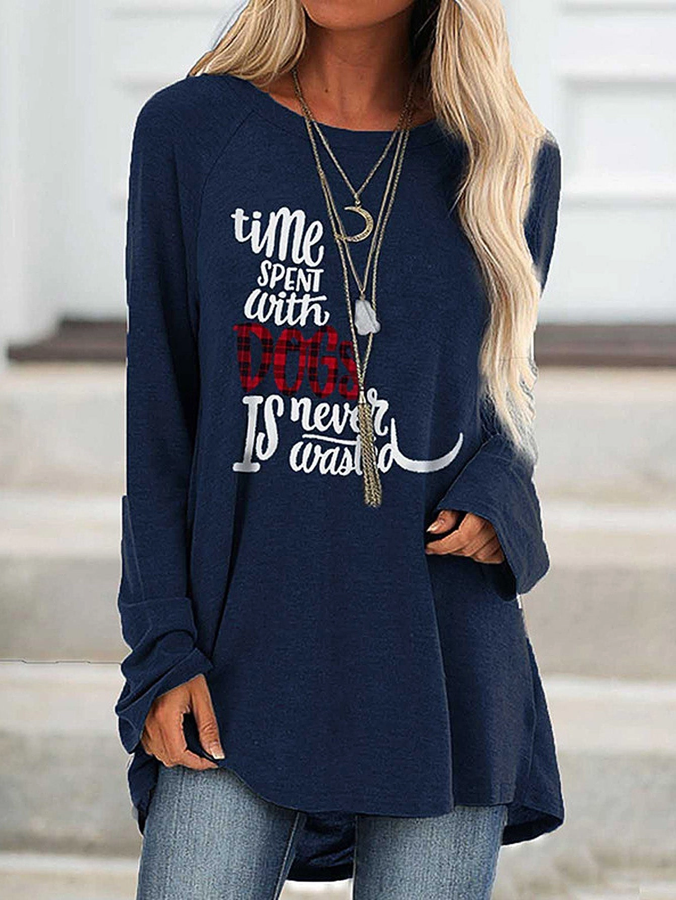 KittenAlarm - Women's Round Neck Casual Letter Printed Long Sleeve Pullover Tops