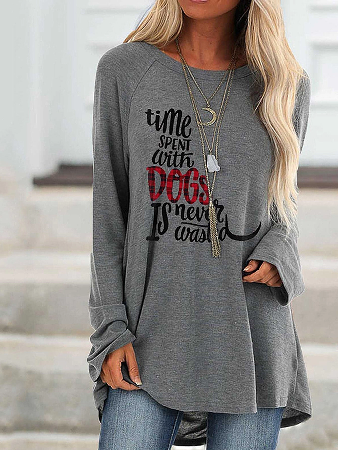 KittenAlarm - Women's Round Neck Casual Letter Printed Long Sleeve Pullover Tops