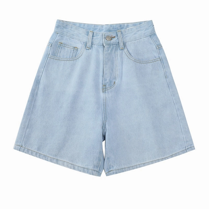 KittenAlarm - Women's Short Summer High Waist Jeans Baggy Straight Five Points Trousers Streetwear Vintage Mom Denim Wide Leg Short Pants