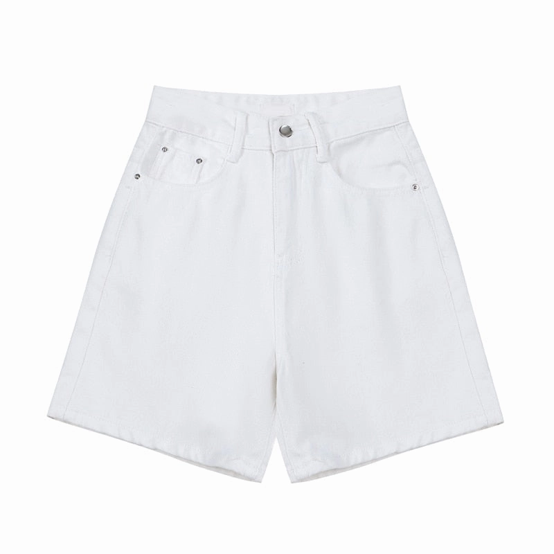 KittenAlarm - Women's Short Summer High Waist Jeans Baggy Straight Five Points Trousers Streetwear Vintage Mom Denim Wide Leg Short Pants