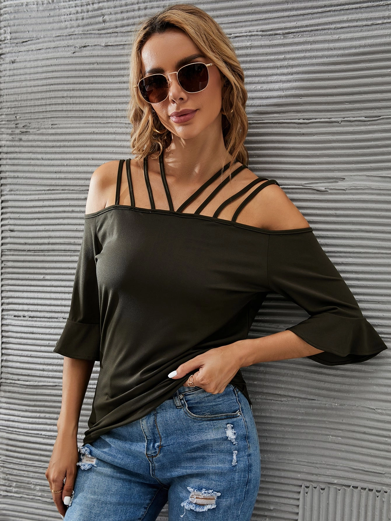 KittenAlarm - Women's Solid Color Off Shoulder Top Blouse  Flare Sleeve Tops