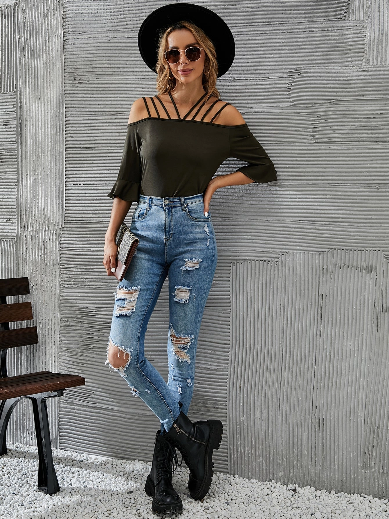 KittenAlarm - Women's Solid Color Off Shoulder Top Blouse  Flare Sleeve Tops