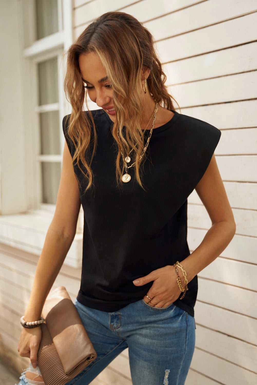 KittenAlarm - Women's Tank Top Pad Shoulder Solid Color Pullover Casual Crew neck Shirt