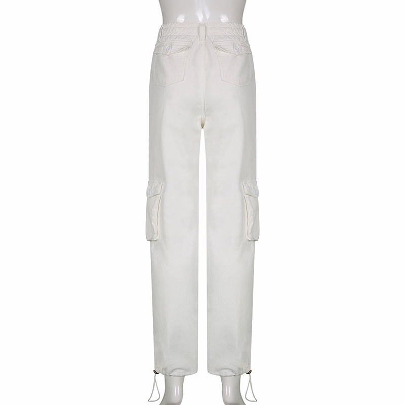 KittenAlarm - Women Spring Fashion Multi Pockets White Cargo Pants Women Adjustable Low Waist Baggy Wide Leg Jeans Oversized Casual Trousers Retro Bottoms Iamhotty