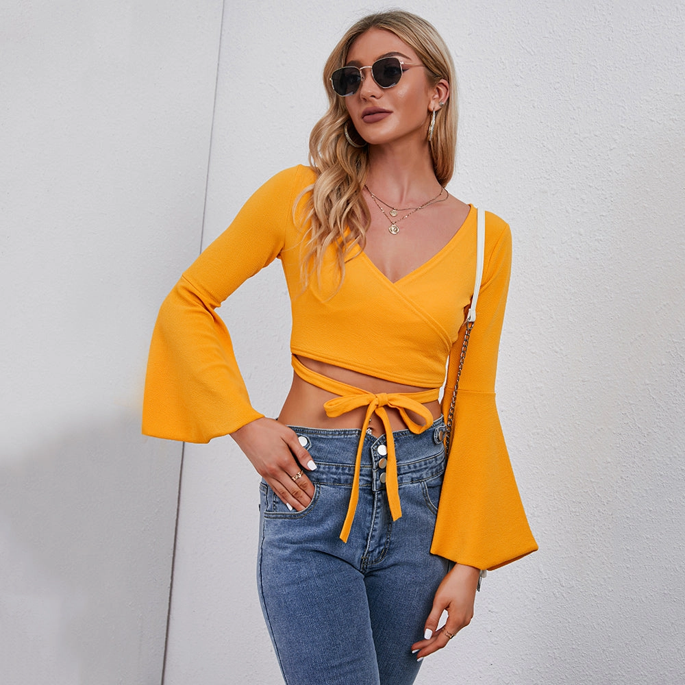 KittenAlarm - Women V-neck trumpet-sleeve top long sleeve T-shirt with crop