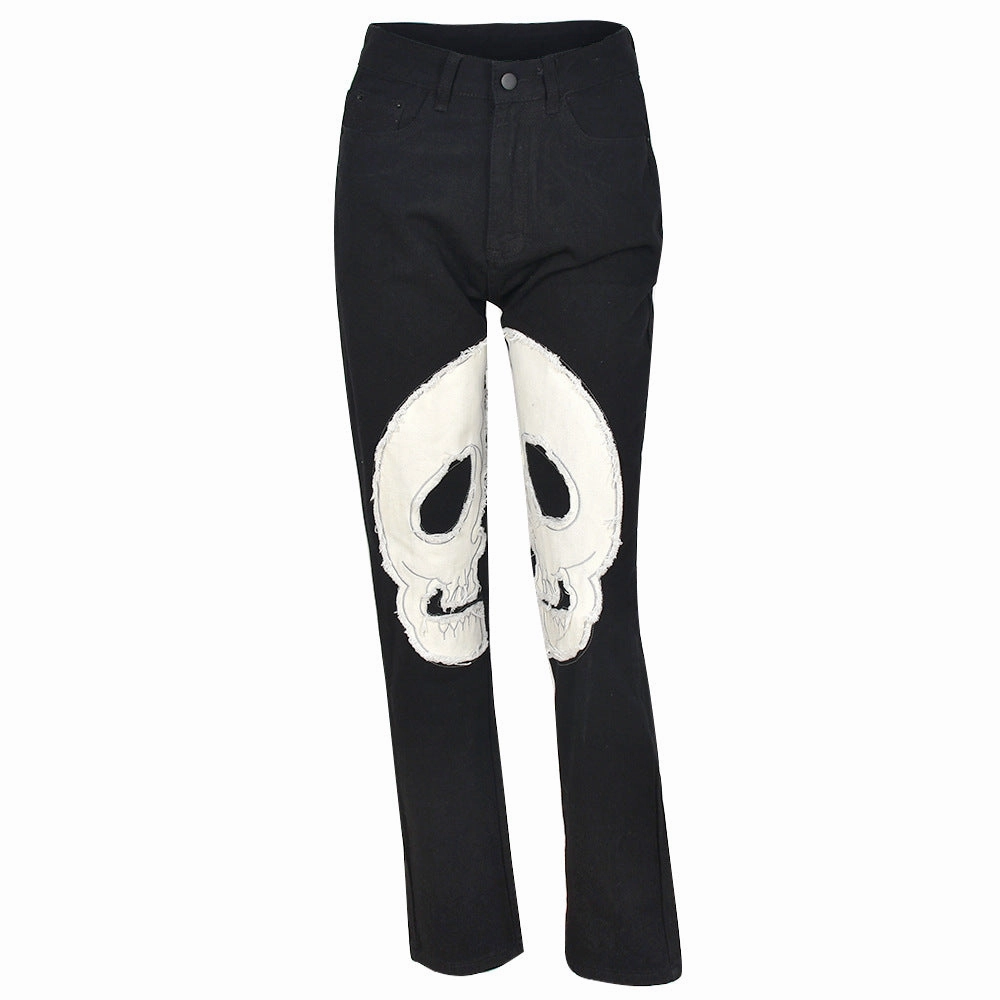 KittenAlarm - Womens Fashion Skull Patterned Low Rise Jeans Streetwear Women Clothing Black Denim Trousers Cyber Y2k Aesthetic Goth Pants C82-DI53
