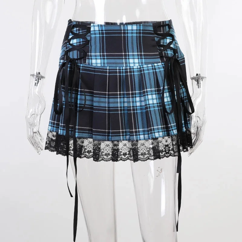 Mall Mini Y2K Streetwear Gothic Bandage Lace High Harajuku Vintage Grunge Women Summer Sexy Waist Skirt
