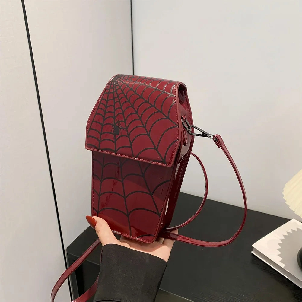 Novelty Coffin Sling Halloween Leather Gothic Spider PU Web Shape Bag