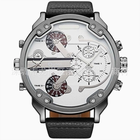 OULM HP3548 Watch Leather Watch Band Two Time Zones Sport Casual Quartz Watch