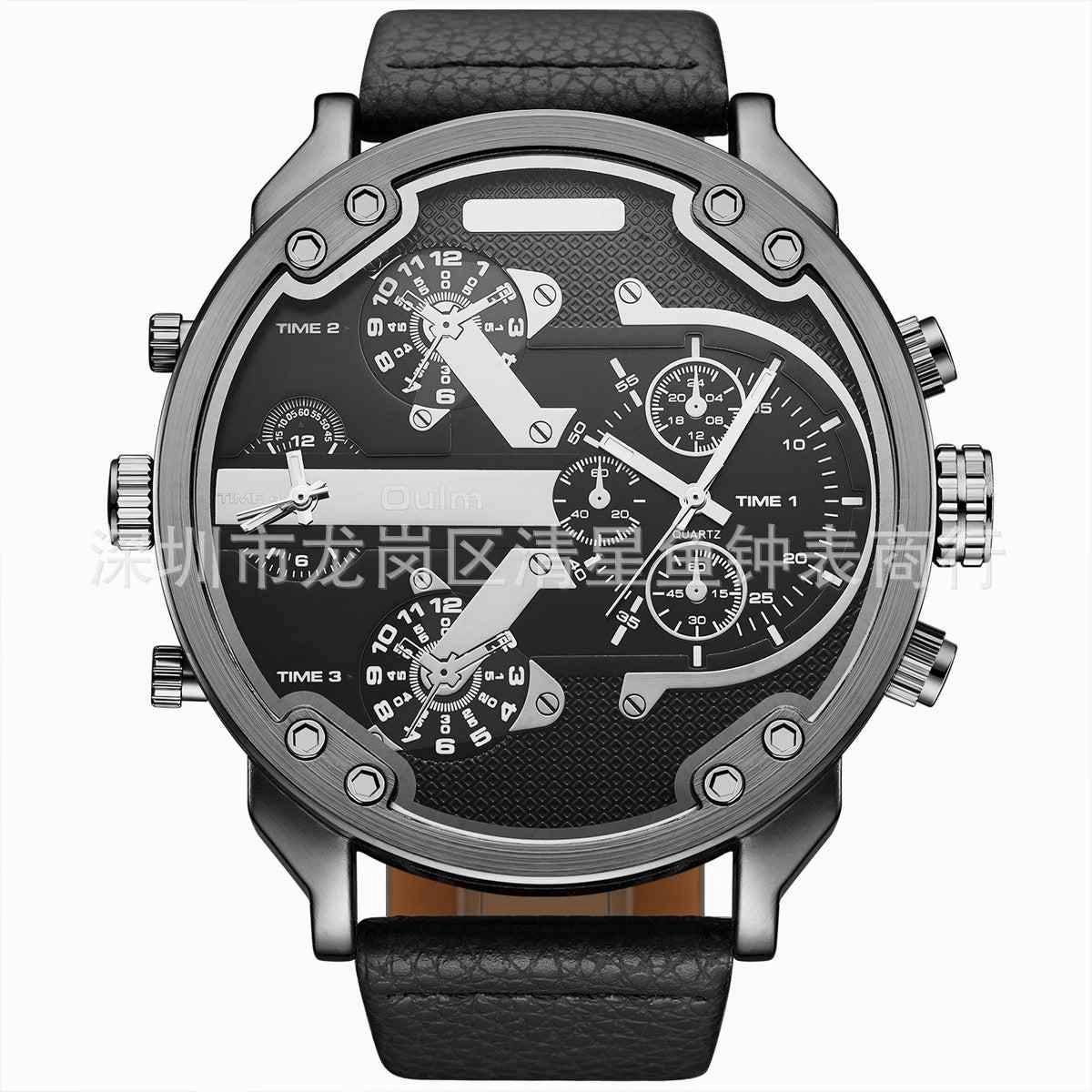 OULM HP3548 Watch Leather Watch Band Two Time Zones Sport Casual Quartz Watch