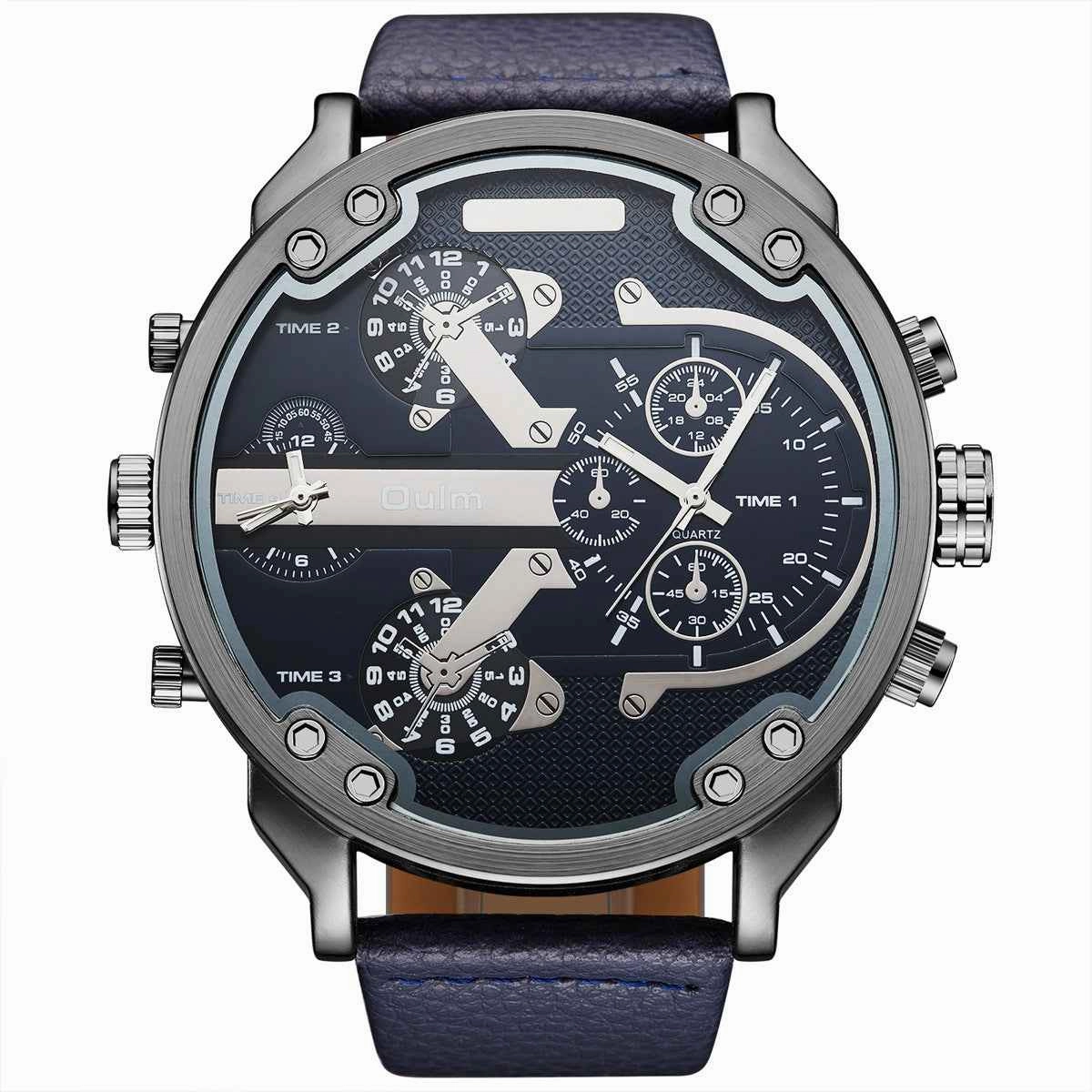 OULM HP3548 Watch Leather Watch Band Two Time Zones Sport Casual Quartz Watch