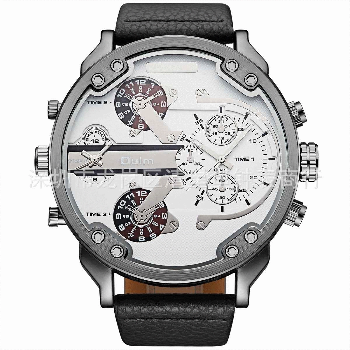 OULM HP3548 Watch Leather Watch Band Two Time Zones Sport Casual Quartz Watch