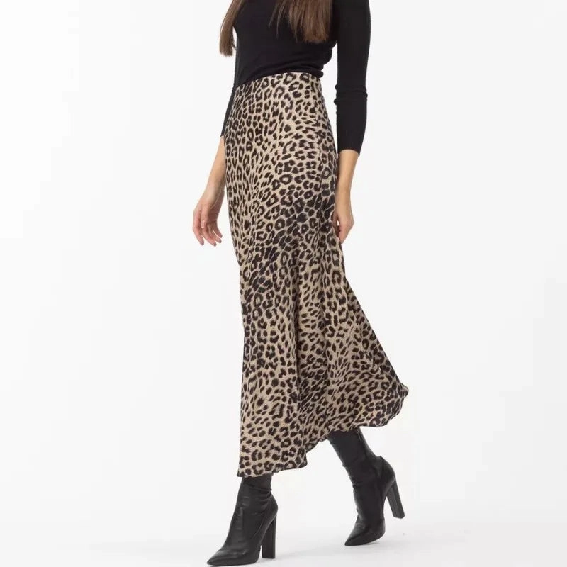 Sexy Leopard Print Long Vintage Satin Skirt