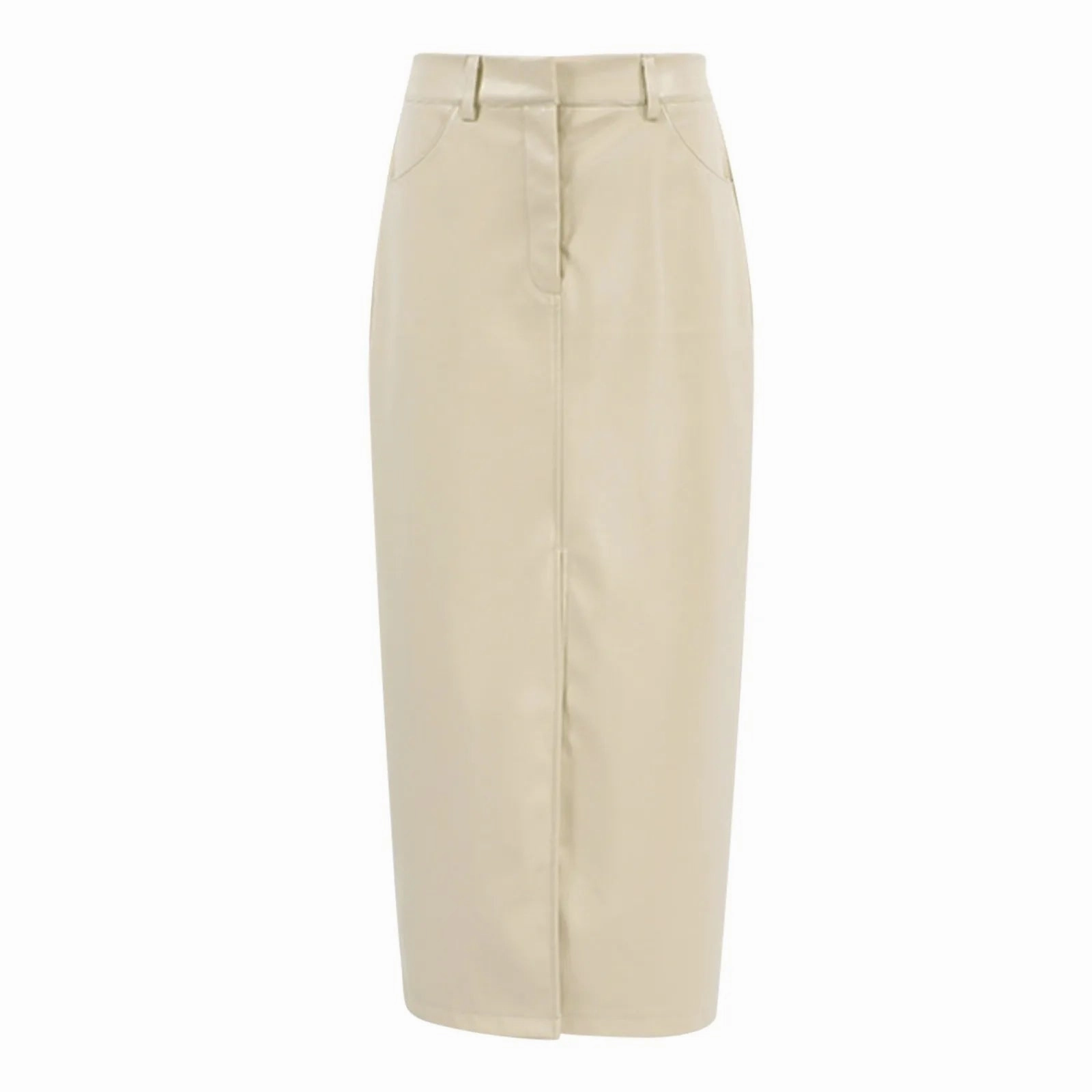 Slim Straight Faux Leather Split Chic Solid Skirt