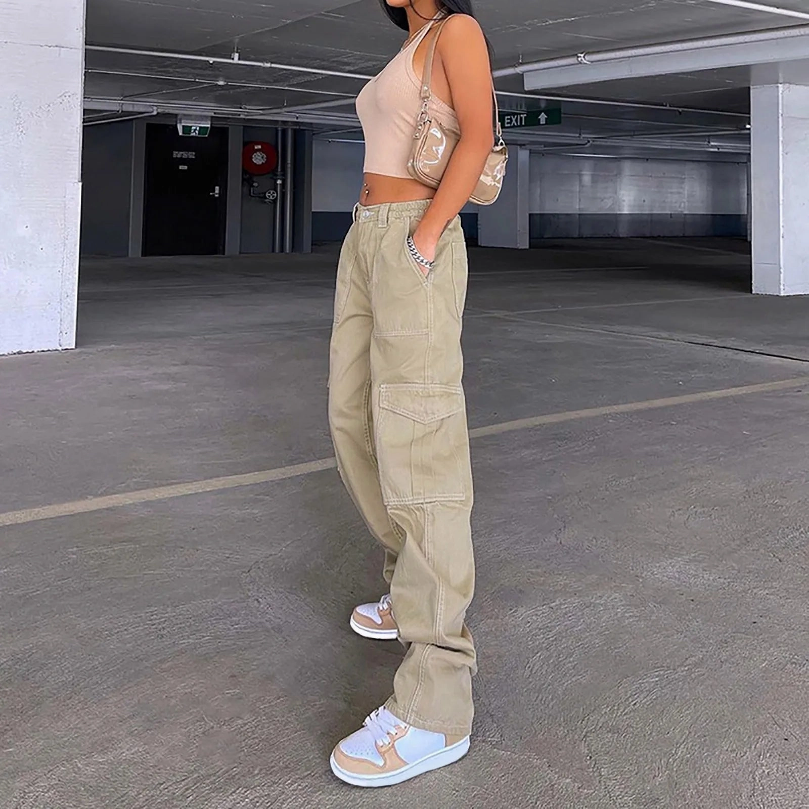 Solid Color High Waist Straight-leg Buckle Brown Jean