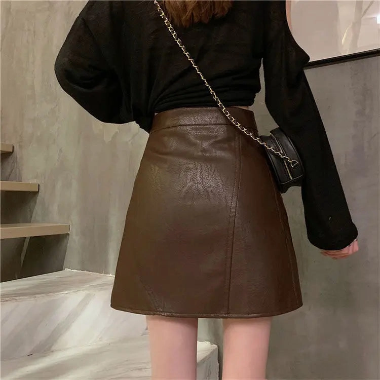 Spring Autumn High Waist Womens Leather Skirt