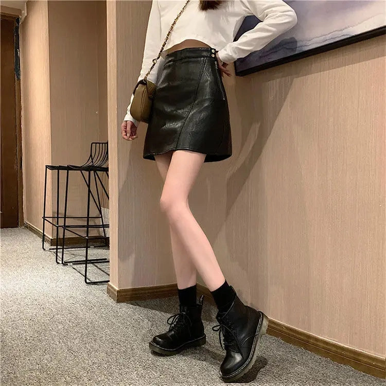 Spring Autumn High Waist Womens Leather Skirt