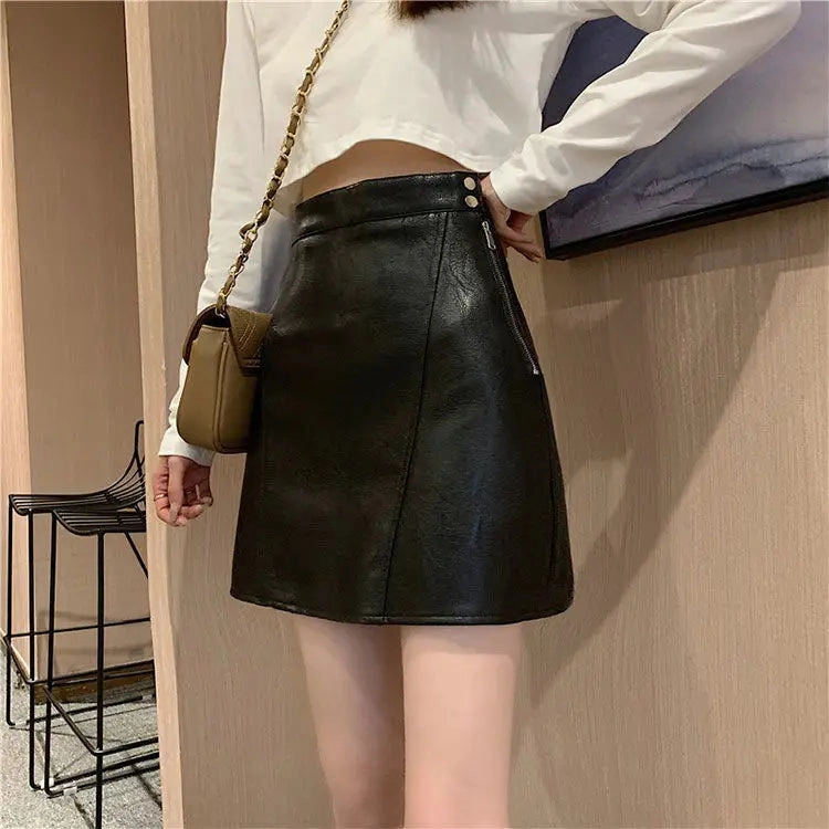 Spring Autumn High Waist Womens Leather Skirt