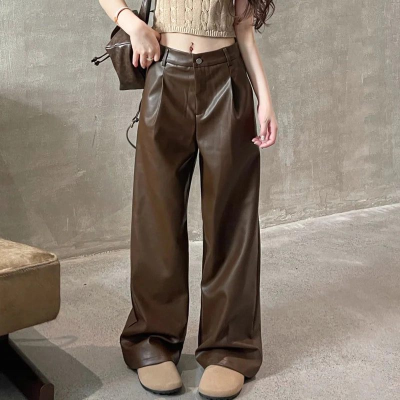 Straight Patent Leather Red Streetwear Autumn Casual Womens Pants